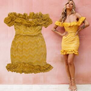Angel Biba Mustard Yellow Lace Off Shoulder Mini Dress | Marigold Boho Resort M